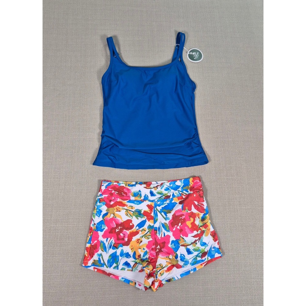 Eomenie Women Blue Tankini Floral Boy Shorts Swimsuit Set Tummy Control New S